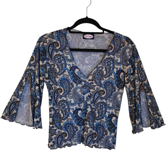 Zoey Beth Y2K Bohemian Paisley V-Neck Blouse Flared Sleeve Medium - Picture 2 of 12